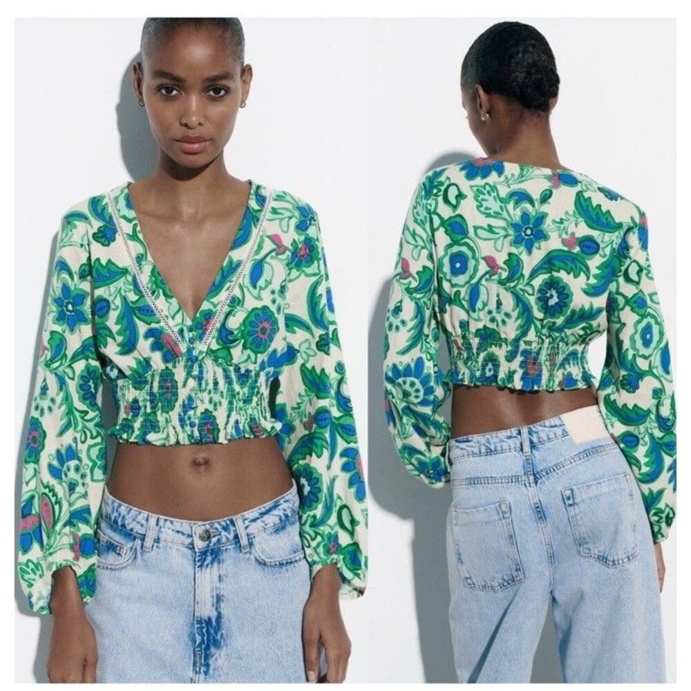 Zara Floral Cropped Long-sleeve Green and Blue Size Medium Resort Coastal Preppy